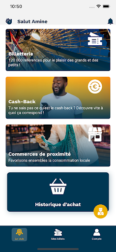 Écran d'accueil de l'application : billetterie, cash-back et offres locales