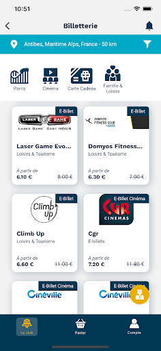 Écran du catalogue de billetterie